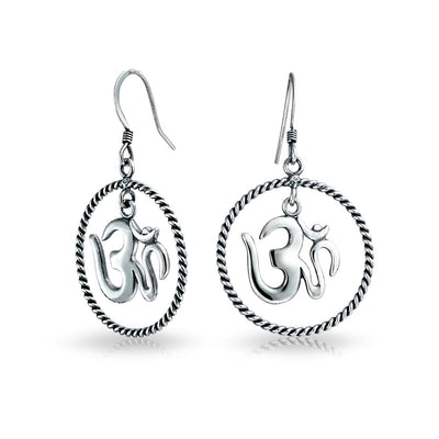 Spiritual Amulet Dangle Earrings with Aum Om Symbol in Sterling Silver