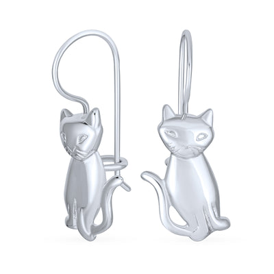 Cute Siamese Kitten Cat Dangle Earrings in Polished  Sterling Silver