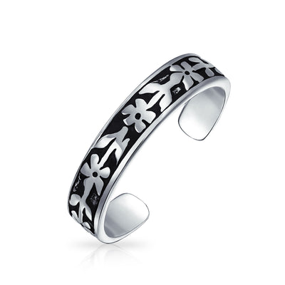 Western Flowers Vine Leaf Oxidized Midi Band Toe Ring Silver Sterling