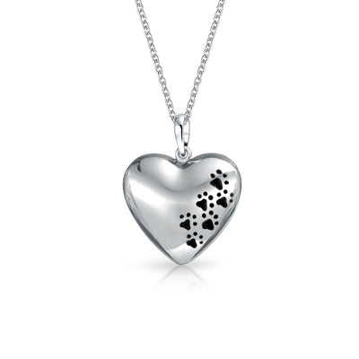 Dog Cat Puppy Black Paw Prints Heart Shape Pendant Necklace .925 Sterling Silver