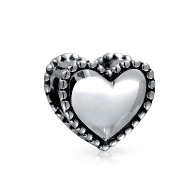 Initial Alphabet Bead Charm Milgrain Heart Oxidized Silver for European Bracelet