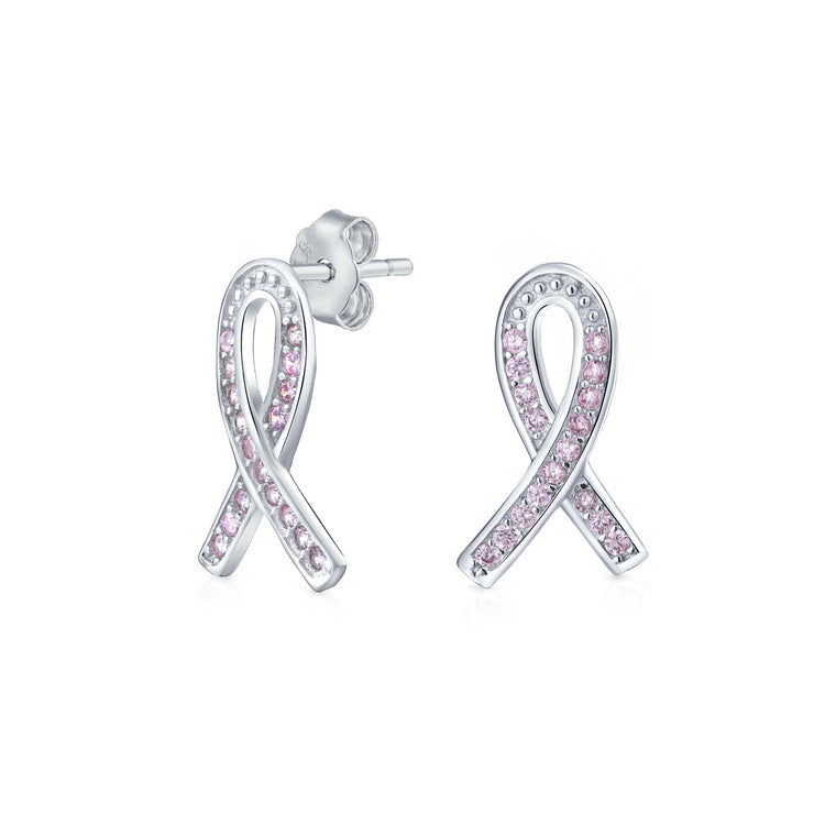 Strength & Hope CZ Stud Earrings: Pink Ribbon Breast Cancer Survivor Sterling Silver