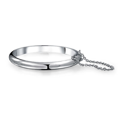 Small Wrist 5" Stackable Dome Bangle Bracelet with Safety Chain, Sterling Silver