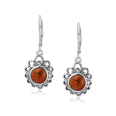 Filigree Round Red Coral Bezel Gemstone Drop Earrings Sterling Silver