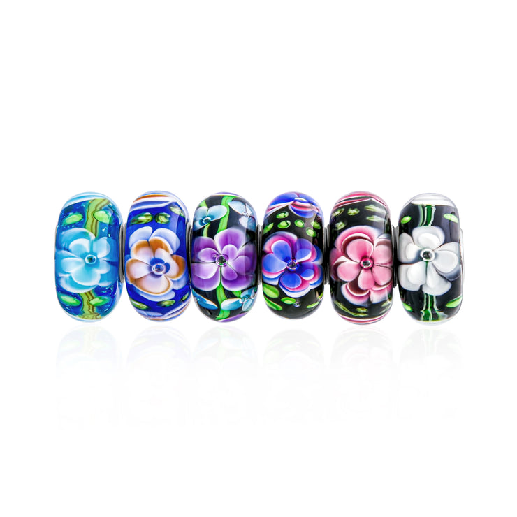 Multi Color Flowers Murano Glass Bead Charm Bundle Set Sterling Silver