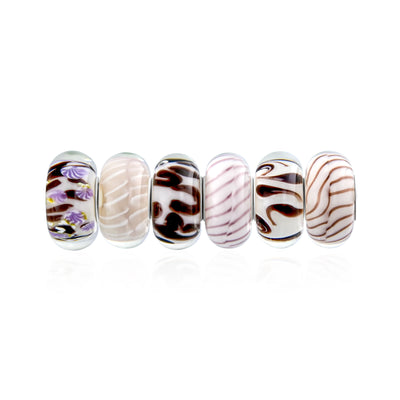 Mixed Set of 6 Glass Charm Beads Brown Black White Murano for Bracelets