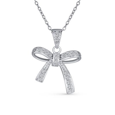 Dainty Bridal Necklace with Clear Cubic Zirconia Bow Pendant in Sterling Silver