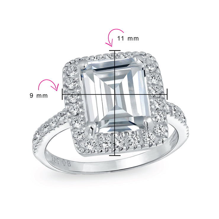 Art Deco 5CT Emerald Cut CZ Halo Engagement Ring with Thin Pave Band Silver