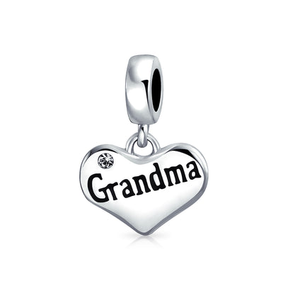 Grandma Heart Dangle Charm Bead for Grandmother with Crystal Accent Sterling Silver