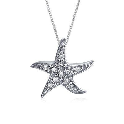 Pave CZ Starfish Pendant Necklace Sterling Silver Nautical Beach Vacation Jewelry