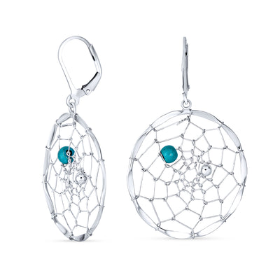 Blue Turquoise Dangle Gemstone Earrings with Lever Back and Dream Catcher Design