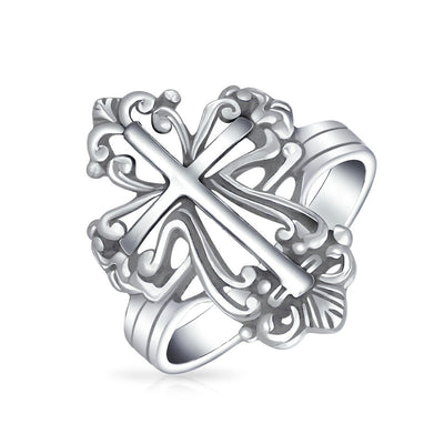 Christian Religious Fleur De Lis Cross Ring Oxidized Sterling Silver