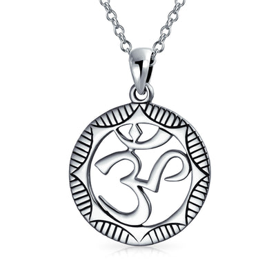 Round Sanskrit Aum Om Pendant Necklace in Oxidized Sterling Silver