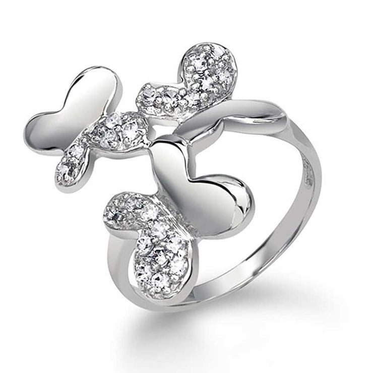 Boho Pave CZ Three Multi Butterfly Ring .925 Sterling Silver For Teen