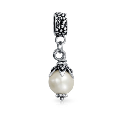 Leaf Cap Pearl Dangle Charm Bead in Sterling Silver for European Bracelets