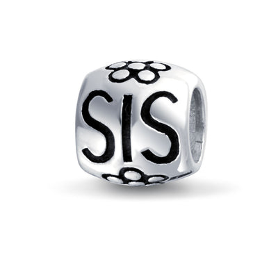 SIS Heart Flower Charm Bead for BFF Sorority Sister Sterling Silver Bracelet