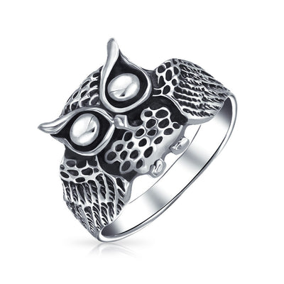 Protection Medium Old Wise Owl Bird Band Ring Oxidized .925 Sterling Silver