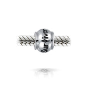 Set of 2 Ribbon Breast Cancer Survivor Message Dangle Charm Bead Silver