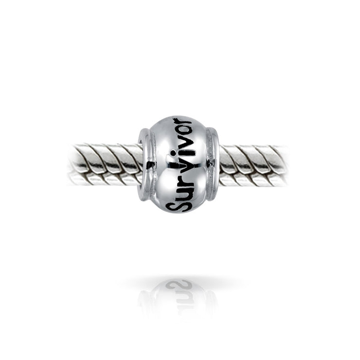 Set of 2 Ribbon Breast Cancer Survivor Message Dangle Charm Bead Silver