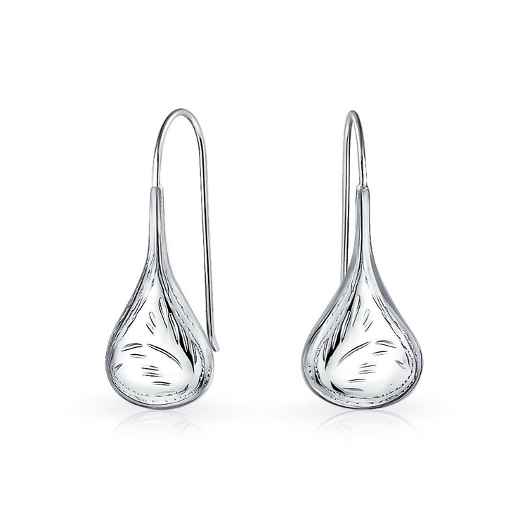 Carved Rain Drop Puffed Teardrop Threader Earrings Sterling Silver