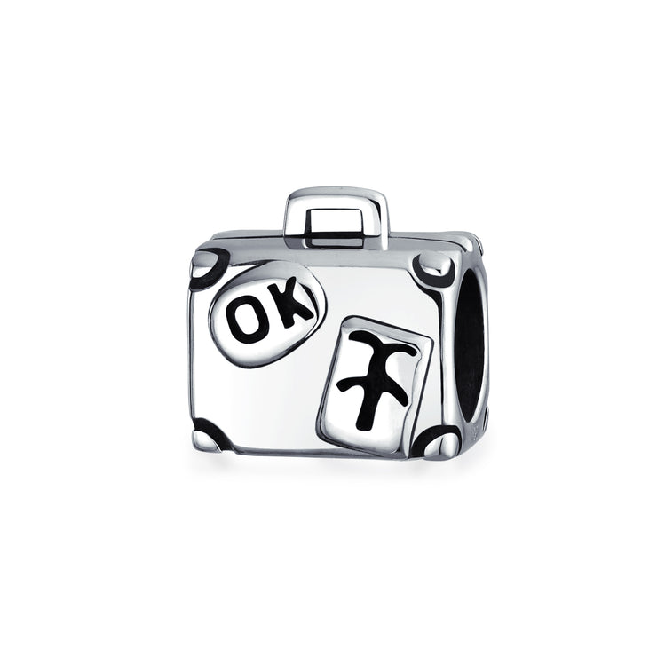 Set of 2 Vacation Travel Suitcase Luggage & Egyptian Pyramid Charm Bead Silver