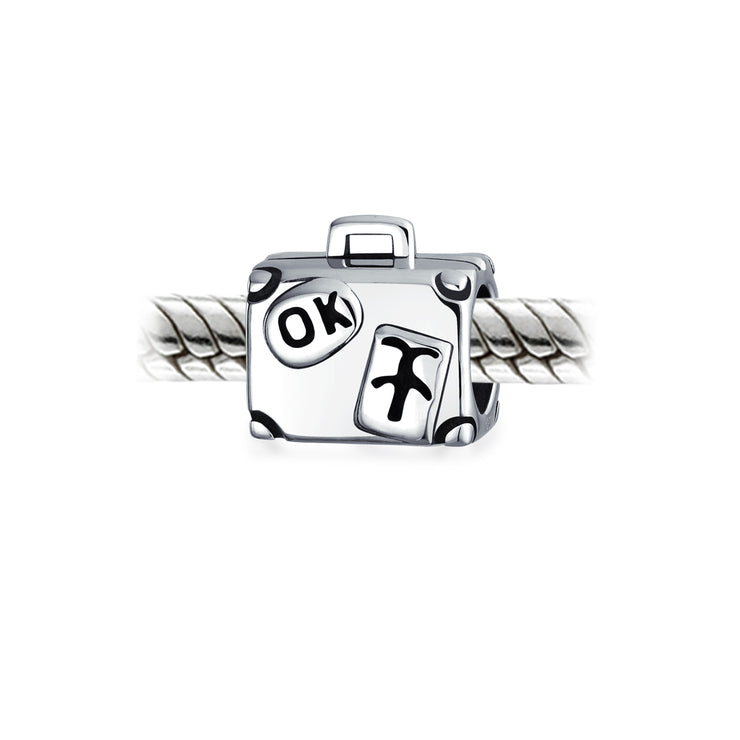 Set of 2 Vacation Travel Suitcase Luggage & Egyptian Pyramid Charm Bead Silver