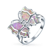 CZ Accent Pink Created Opal Butterfly Ring .925 Sterling Silver