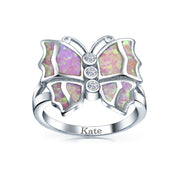 CZ Accent Pink Created Opal Butterfly Ring .925 Sterling Silver