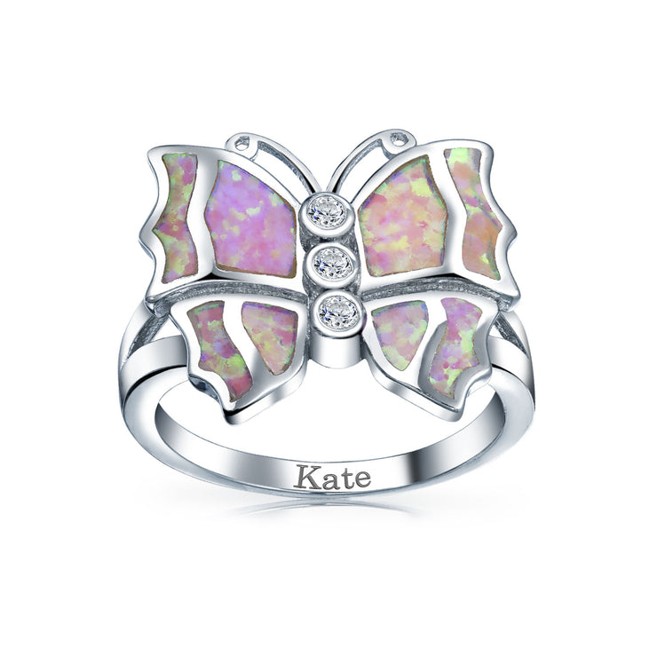 CZ Accent Pink Created Opal Butterfly Ring .925 Sterling Silver