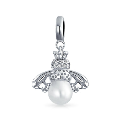 Bumble Bee White Imitation Pearl Dangle Charm Bead .925 Sterling Silver