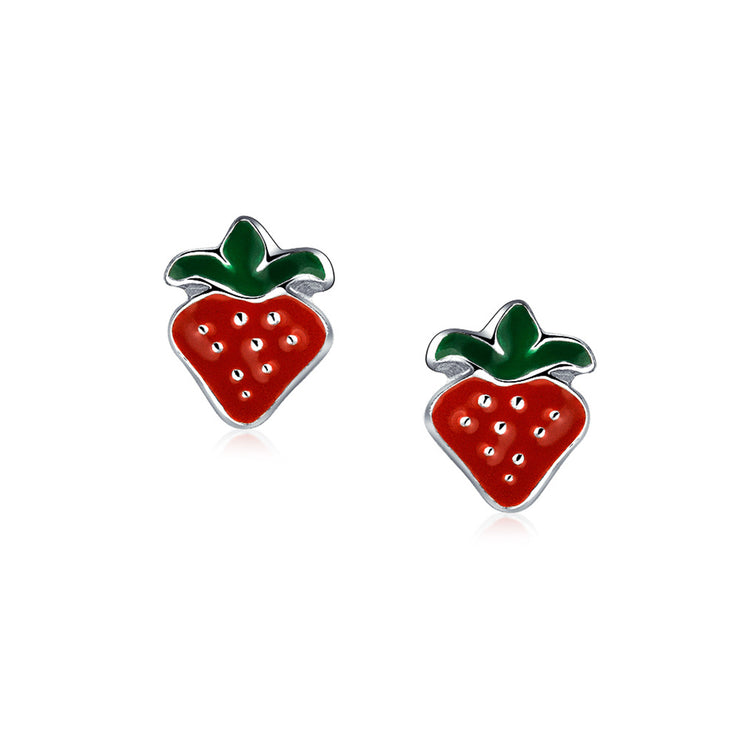 Set of 2 Small Summer Fruit Red Strawberry Cherry Stud Earrings Sterling Silver
