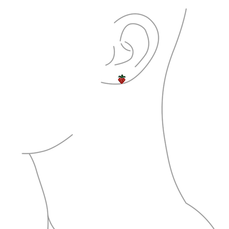 Set of 2 Small Summer Fruit Red Strawberry Cherry Stud Earrings Sterling Silver