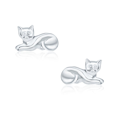 Curious Cat Stud Earrings in Polished Sterling Silver - Cute Animal Pet Jewelry