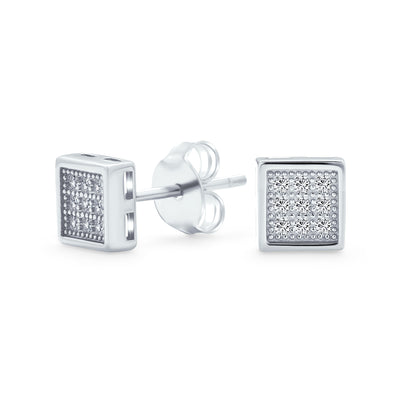 Geometric Hip Hop Square CZ Stud Earrings for Men, Sterling Silver, 5-7 MM