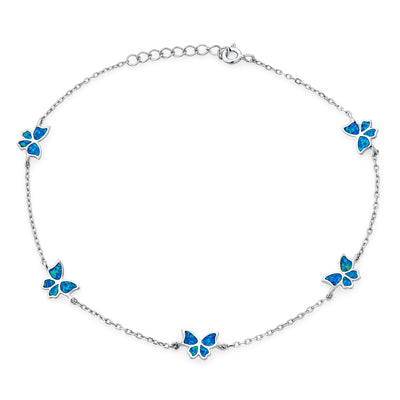 Blue Multi Butterfly Create Opal Charm Anklet Bracelet Sterling Silver