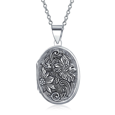 Flower Photo Oval Locket For Women Hold Pictures Sterling Necklace