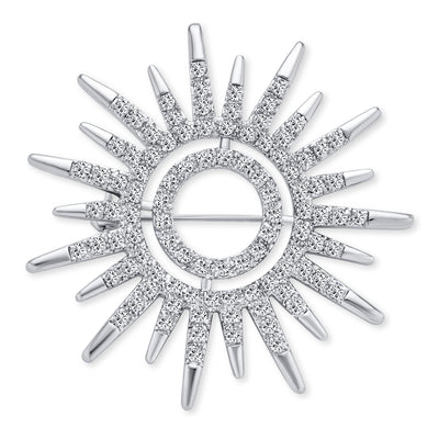 Summer Flaming Sunshine Micro Pave CZ Starburst Brooche Pin Silver Plated