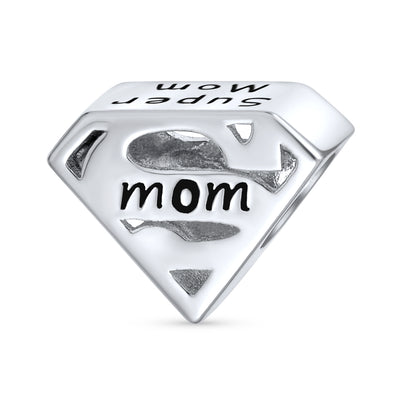 Mother's Day SUPER MOM Charm Bead Sterling Silver Fits European Bracelet