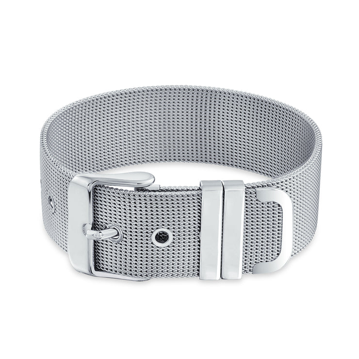Wide Belt Buckle Mesh Wrist Band Bracelet Silver Tone Stainless Steel