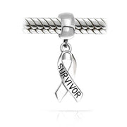 Set of 2 Ribbon Breast Cancer Survivor Message Dangle Charm Bead Silver