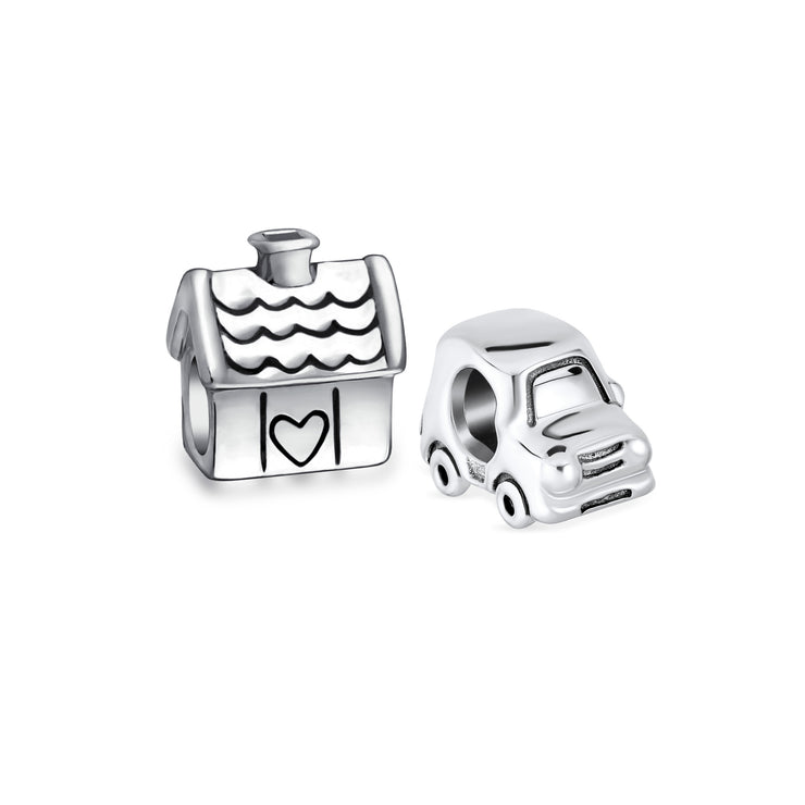 Set of 2 SUV Jeep Car and Sweet Heart New Homeowner Charm Bead Sterling Silver