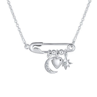 Support Symbol CZ Accent Moon Heart Star Charms Pendant Necklace Sterling Silver