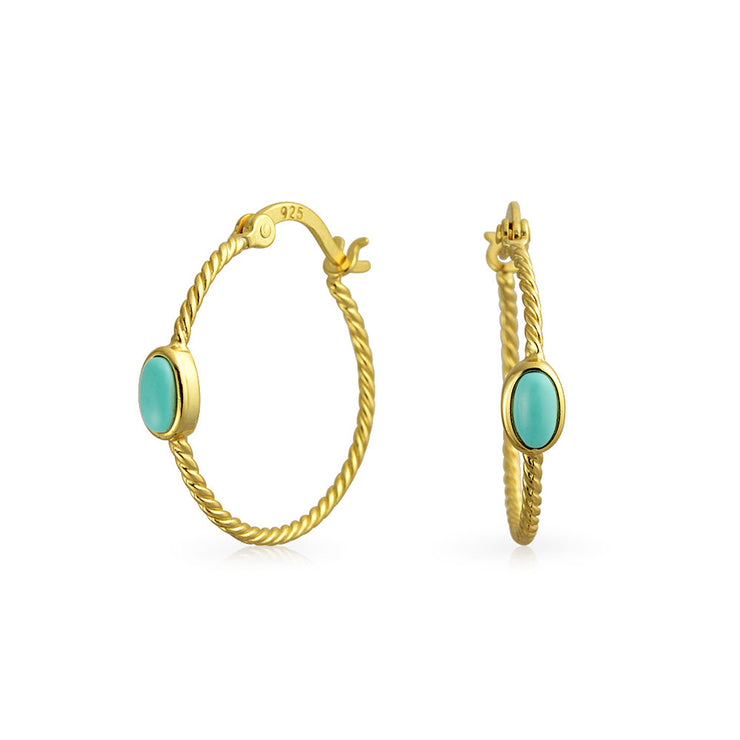 Cable Rope Hoop Western Earrings Turquoise Gold Plated Sterling Silver