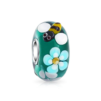 Teal Silver Bee Flower Lamp Murano Glass Sterling Silver Bead Charm