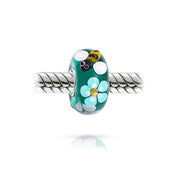 Teal Silver Bee Flower Murano Glass Charm Bead for European Bracelets