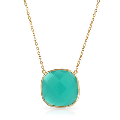 Exquisite Teal Blue-Green Faceted Stone Pendant Necklace 14K Gold-Plated Silver