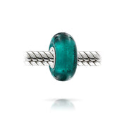 Set of 2 Translucent Solid Teal Blue Green Glass Charm Bead Sterling Silver Core