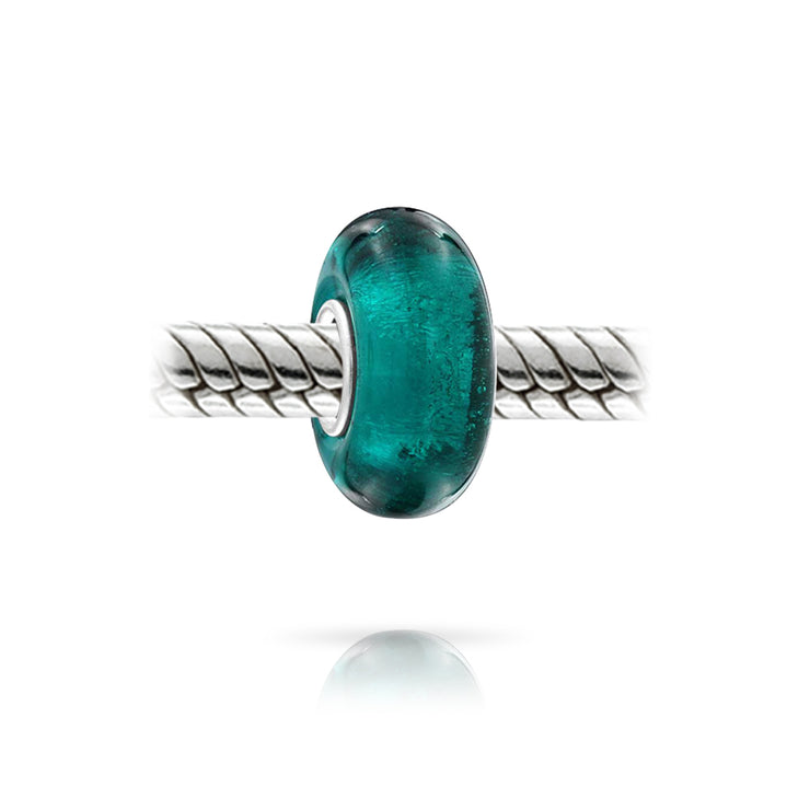 Set of 2 Translucent Solid Teal Blue Green Glass Charm Bead Sterling Silver Core