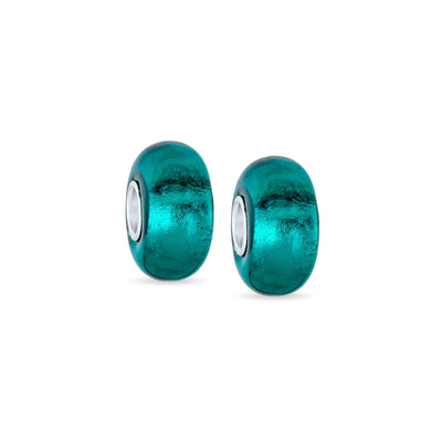 Set of 2 Translucent Solid Teal Blue Green Glass Charm Bead Sterling Silver Core