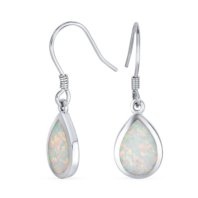 Small Created White Opal Teardrop Dangle Earrings .925 Silver